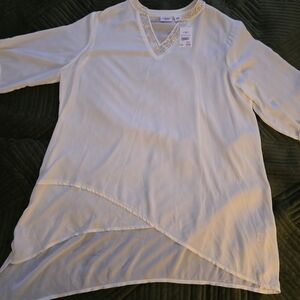 Cato Ivory V-Neck Layered Tunic with Beaded Trim